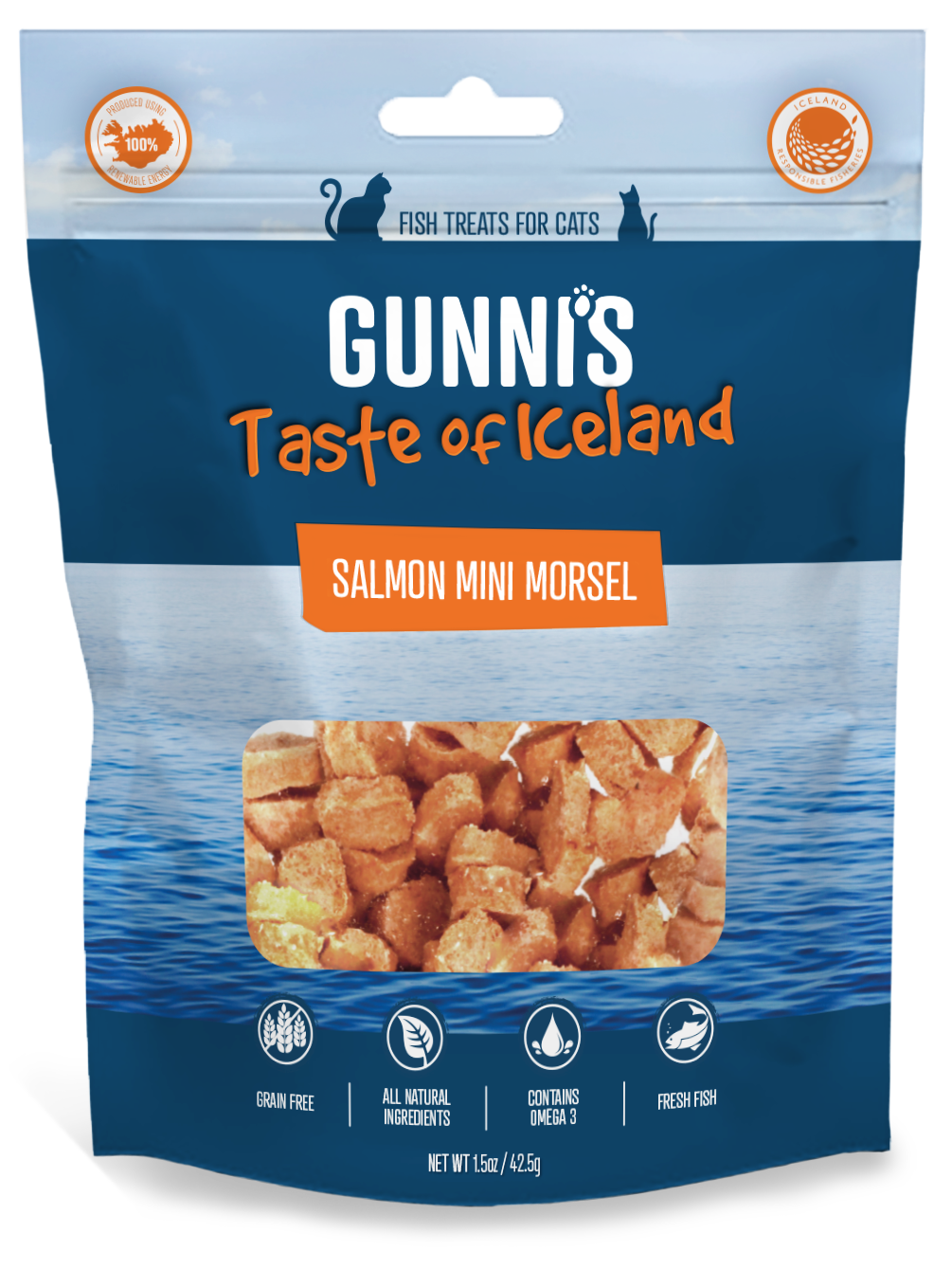 Gunni's Taste of Iceland salmon mini morsel cat treat packaging on a white background