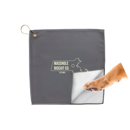 Masshole Biscuit Co. paw towel. Perfect for muddy paws and clipping to your leash or bag.