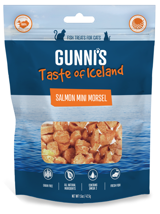 Gunni's Taste of Iceland salmon mini morsel cat treat packaging on a white background