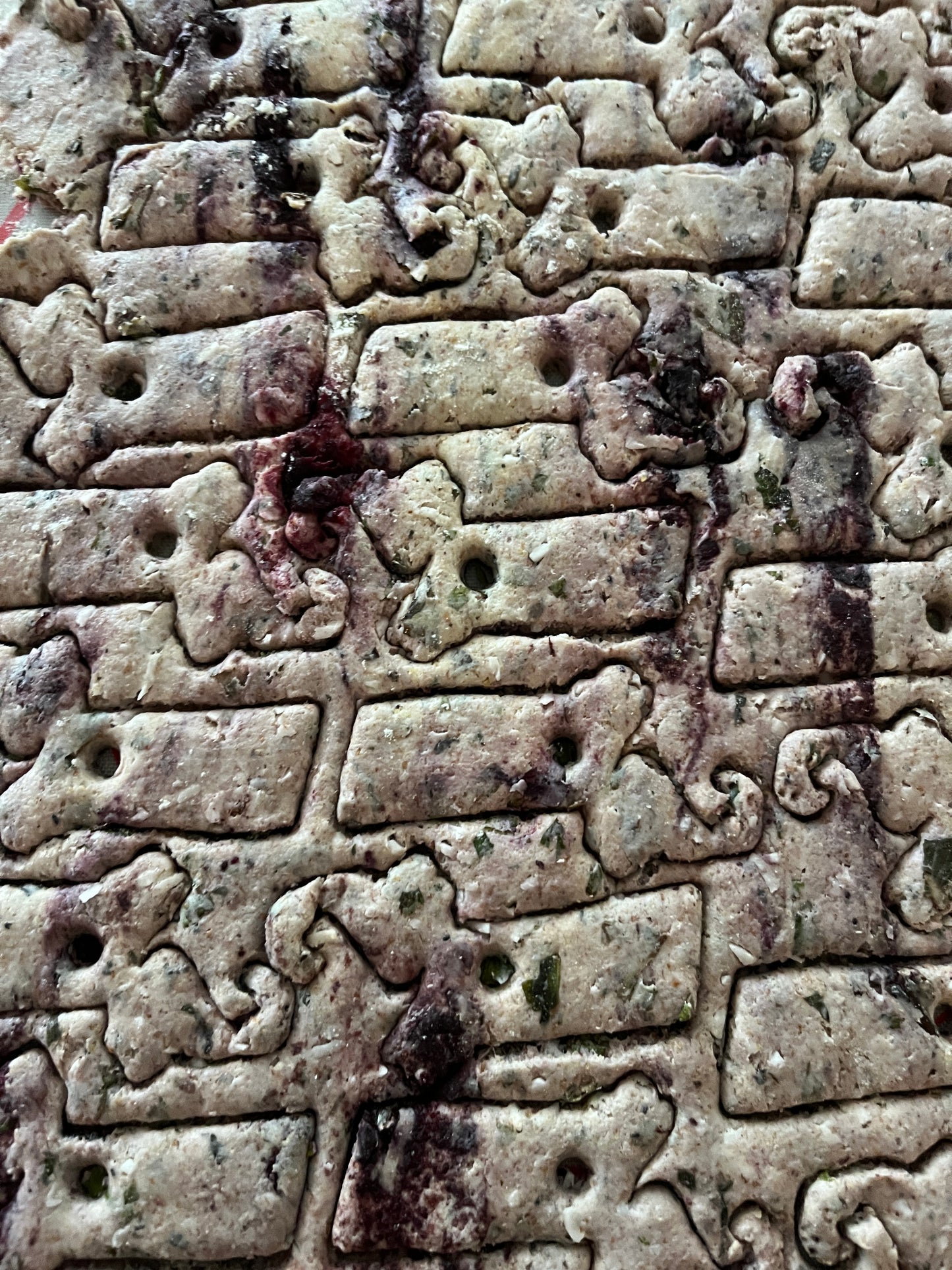 Image of freshly baked Mint & Coconut dog treats from Masshole Biscuit Co. The treats are cut into Massachusetts State Shapes, with a slightly uneven texture showcasing natural ingredients like mint and coconut. Some treats show streaks of blueberries, indicating the use of natural, wholesome components. These all-natural, healthy treats are designed to help improve the stank factor of doggie breath.