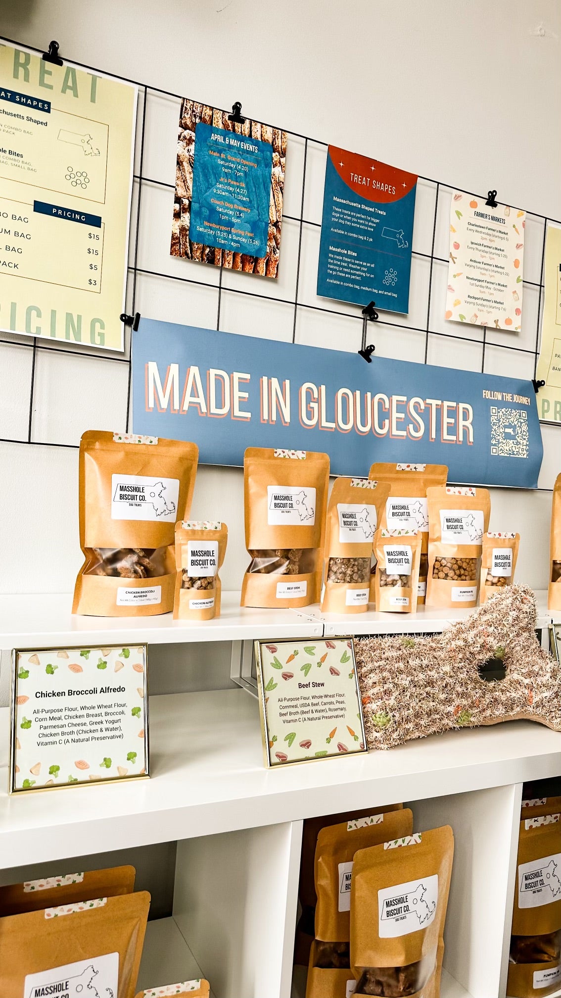 Masshole Biscuit Co dog treats lined up by flavor at their 206 Main St location in Gloucester Ma