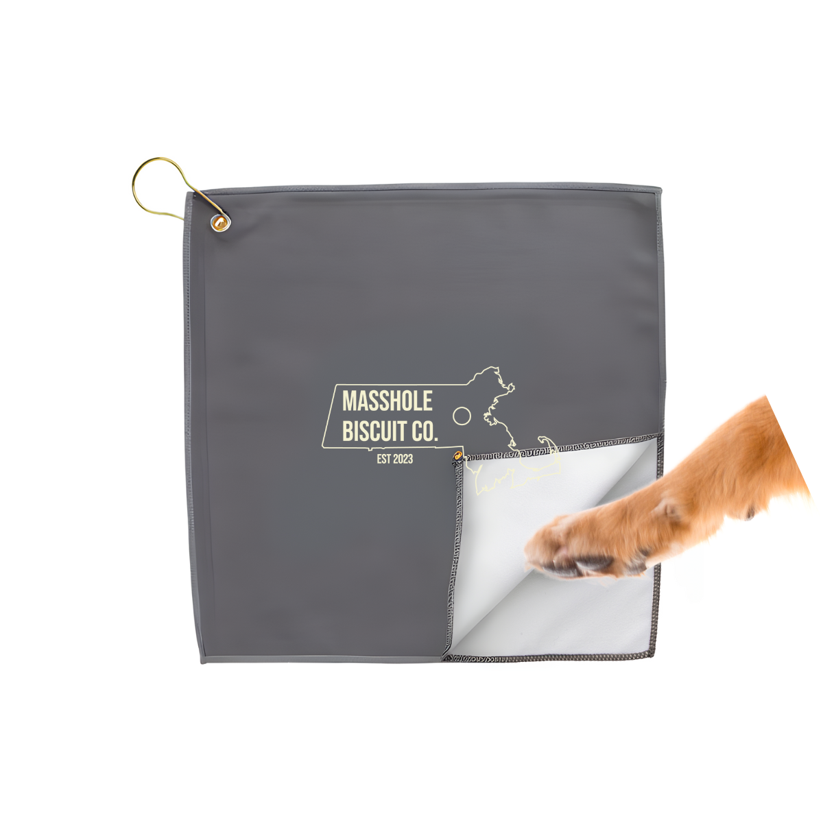 Masshole Biscuit Co. paw towel. Perfect for muddy paws and clipping to your leash or bag. 